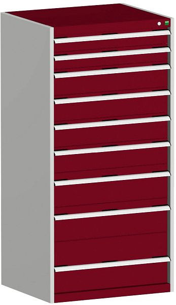 bott cubio Schubladenschrank bestückt mit 9 Schwerlastschubladen BxTxH: 800 x 750 x 1600 mm, RAL 7035/3004, 40028040.24V
