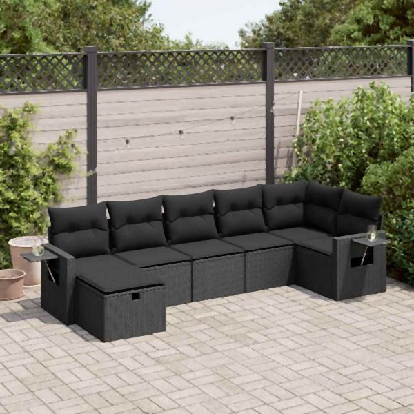 vidaXL 7-tlg. Garten-Sofagarnitur mit Kissen Schwarz Poly Rattan, 3325501