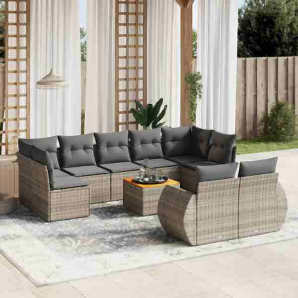 vidaXL 10-tlg. Garten-Sofagarnitur mit Kissen Grau Poly Rattan, UV-beständig, 3257488