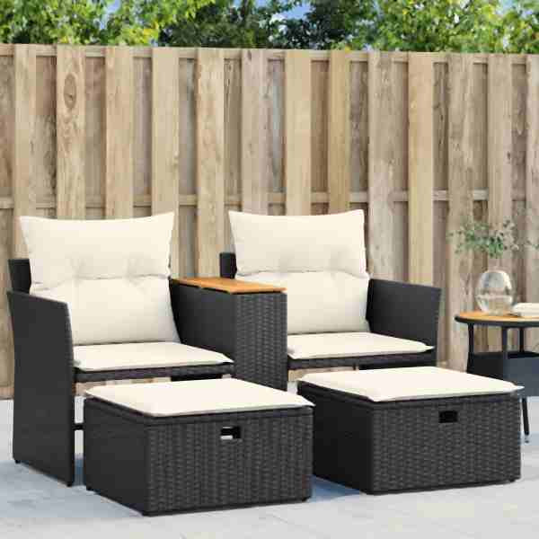 vidaXL Gartensofa 2-Sitzer mit Hockern Schwarz Poly Rattan, 365803