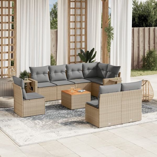 vidaXL 9-teilig Garten-Sofagarnitur mit Kissen Beige Poly Rattan, 3256934