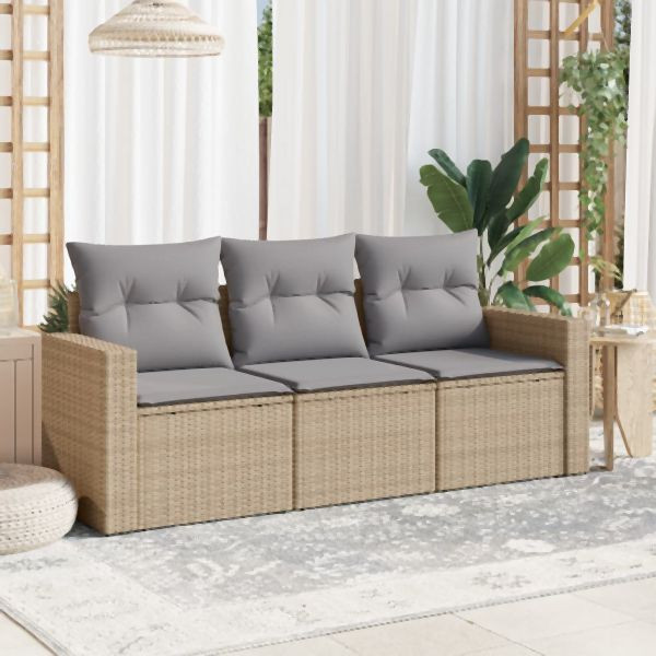 vidaXL 3-tlg. Garten-Sofagarnitur mit Kissen Beige Poly Rattan, 3250996