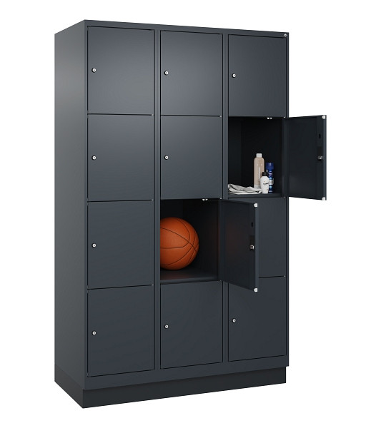 C+P Schließfachschrank Evolo PLUS, mit Sockel, 12 Fächer, 1950x1200x500mm, 7016/7016 Anthrazitgrau, Abteile 3, Abteilbreite 400 mm, 049020-324 S10016