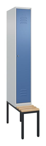 C+P Umkleidespind Classic PLUS mit Mitteltrennwand, Bank, 2120x300x815mm, 7035/5023, Zylinderschloss, Buche-Sitzleisten, 0800507-10F S10049