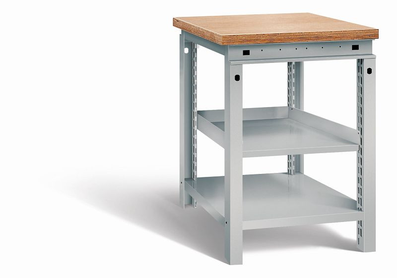 Otto Kind Werkbank Serie function Typ 102, Multiplexplatte 40 mm, bündig, 1 Ablageboden, komplett RAL 9006, 072319196
