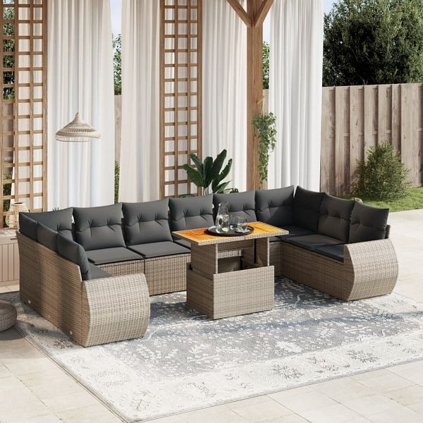 vidaXL 11-teilig Garten-Sofagarnitur mit Kissen Grau Poly Rattan, 3272369