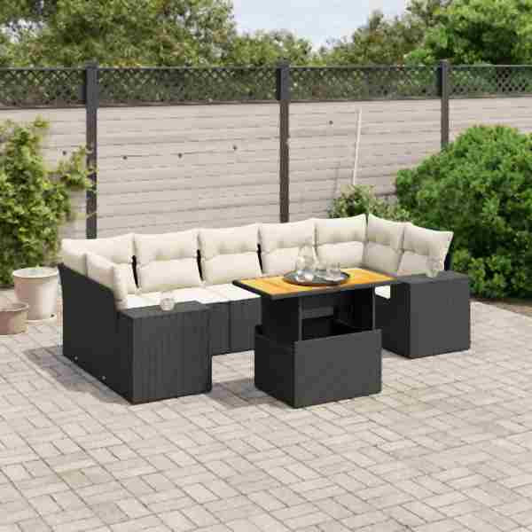 vidaXL 8-tlg. Garten-Sofagarnitur mit Kissen Schwarz Poly Rattan, UV-beständig, 3272547