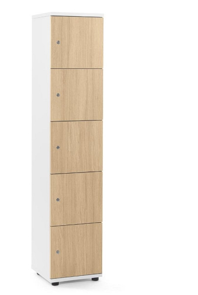 Deskin Schließfachschrank OFFICE-LINE mit 5 Fächern, Dekore Korpus Weiß, Türen Eiche Hell, H 1890 x B 400 x T 420 mm, Zylinderschlösser, 290015