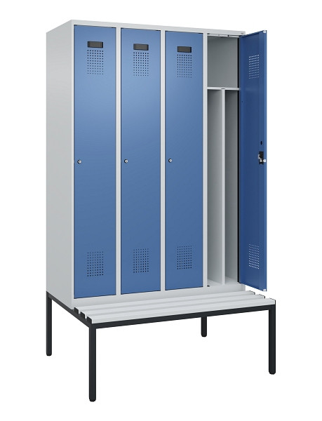 C+P Spind Evolo PLUS, 4 Abteile, 2120x1200x815mm, 7035/5023, Haken 4, Zylinderschloss, Sitzfläche Kunststoff, Sitzbank, 0490507-40F S10089