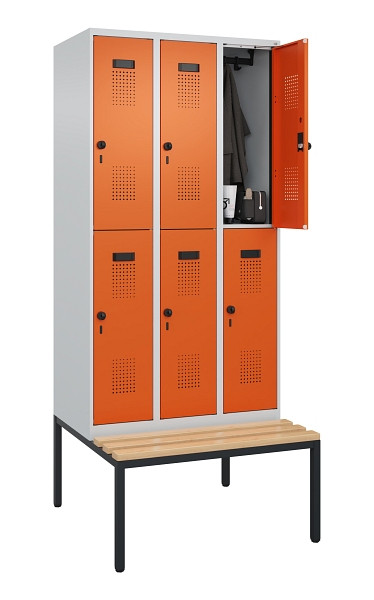 C+P Doppelstock-Spind Evolo PLUS, Bank, 6 Fächer, 2120x900x815mm, 7035/2004, Drehriegel, Sitzfläche Buche-Hartholz, Sitzbank, 0493507-30 S10002