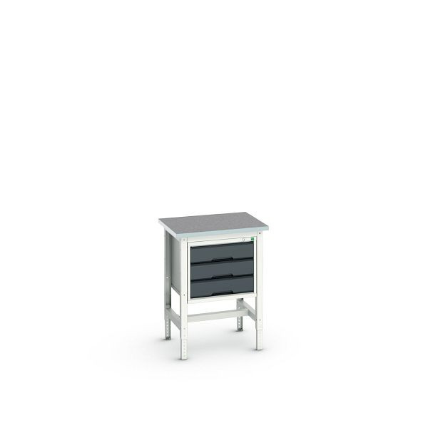 bott verso Werkbank (Linoleum-Platte) mit Querstrebenset und 3 Schubladen, BxTxH: 700 x 600 x 780 - 930 mm, Lichtgrau / Anthrazitgrau, 16921603.19