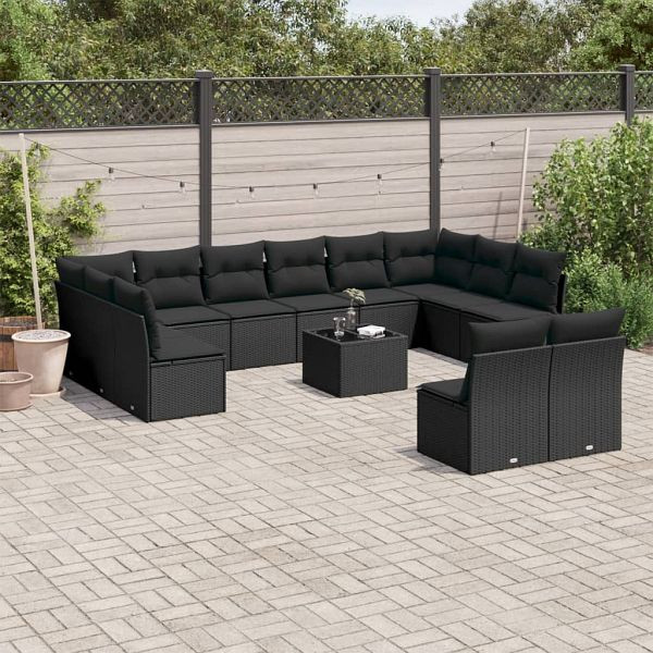 vidaXL 13-tlg. Garten-Sofagarnitur mit Kissen Schwarz Poly Rattan, 3218375