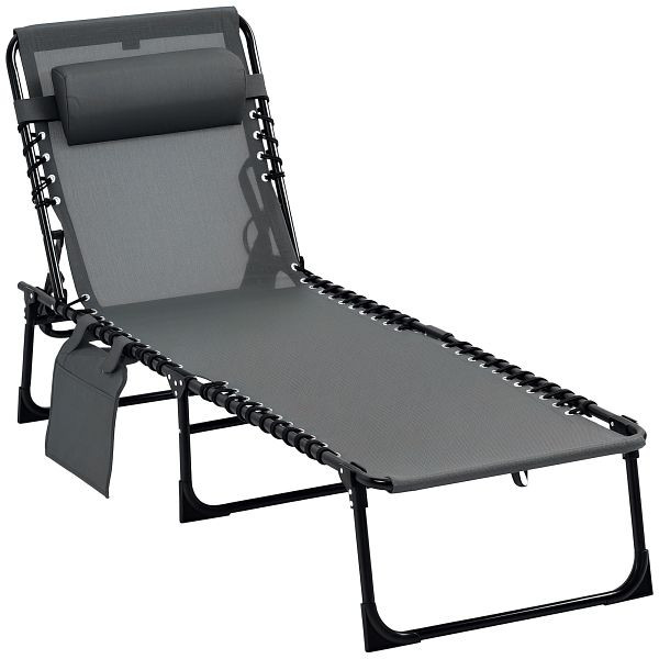 Outsunny Liegestuhl, Zusammenklappbare Liege mit Nackenkissen, Stahlrahmen, Netzstoffbezug, 120 kg Belastbarkeit, Grau, 84B-812GY