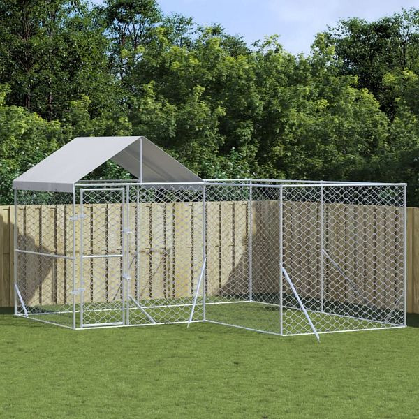 vidaXL Outdoor-Hundezwinger mit Dach Silbern 4x4x2,5m Verzinkter Stahl, 3190470