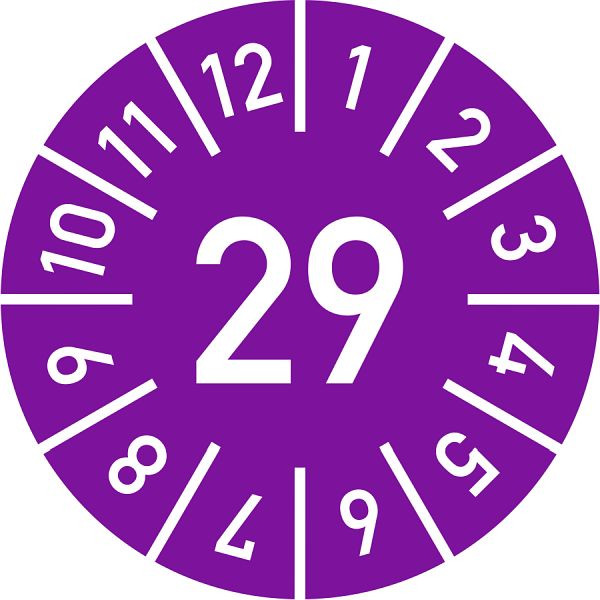 Moedel Prüfplakette Jahr 29 mit Monaten, violett, Folie, Ø 10 mm, VE: 10 Stück/Bogen, 108344