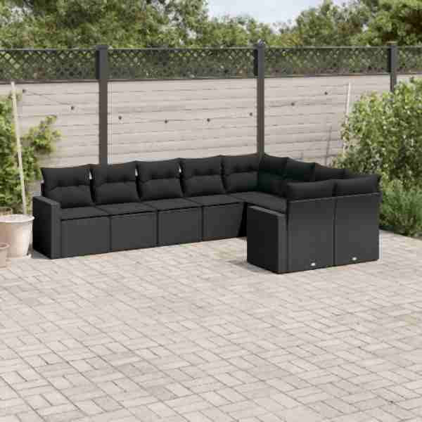 vidaXL 9-tlg. Garten-Sofagarnitur mit Kissen Schwarz Poly Rattan, UV-beständig, 3219425