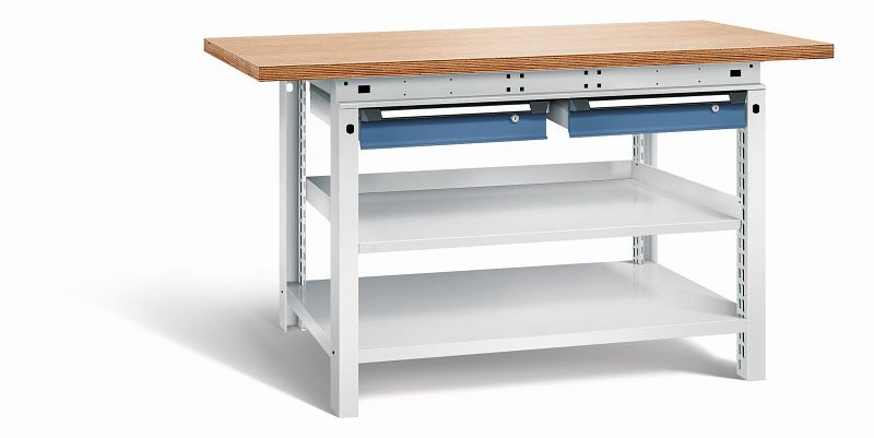 Otto Kind Werkbank Serie function Typ 209, Multiplexplatte 40 mm, überstehend, 2 Schubladen 120 mm, Gehäuse RAL 7035, Front RAL 5023, 072339264