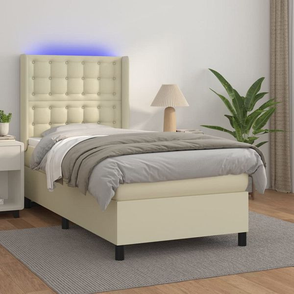vidaXL Boxspringbett mit Matratze & LED Creme 90x200 cm Kunstleder, 3139363, 8720287359722