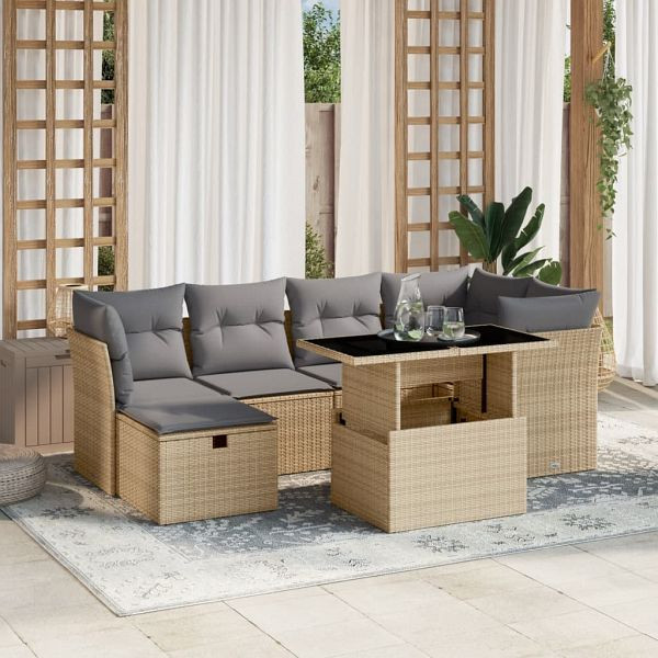 vidaXL 7-teilig Garten-Sofagarnitur mit Kissen Beige Poly Rattan, 3274659