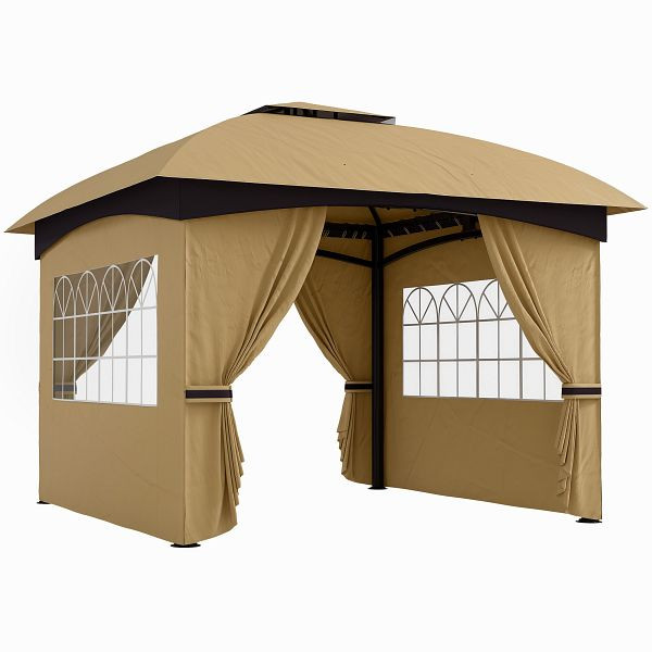 Outsunny 3,4 x 3,4 m Gartenpavillon, Bierzelt mit Lüftungsdach, Bogenfenstern, Stahlgestell, Beige, 84C-554V00BG