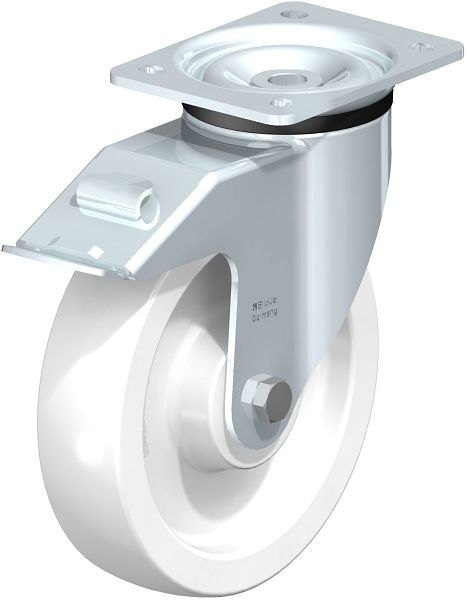 Blickle LK-SPO 200G-FI Stahlblech-Lenkrolle, schwere Ausführung, mit Anschraubplatte & Feststeller, Polyamid, Weiß, 656462