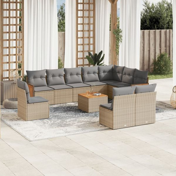 vidaXL 11-teilig Garten-Sofagarnitur mit Kissen Beige Poly Rattan, 3260162