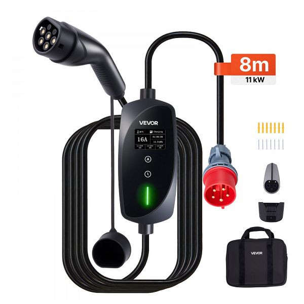 VEVOR Mobile Wallbox 11 kW 16 A, Typ 2, 3-Phasen, 8m Kabel, CEE16-Stecker, LCD, IP66, Elektrofahrzeug-Ladestation, OGBXCDQPM11KC6E73001V2
