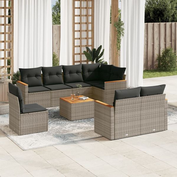 vidaXL 9-teilig Garten-Sofagarnitur mit Kissen Grau Poly Rattan, 3226172