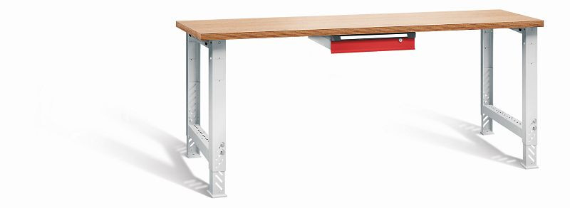 Otto Kind Werkbank function Typ 2004S, überstehende Multiplex-Arbeitsplatte, 2 höhenverstellbare Fußgestelle, Gehäuse RAL 7035, Front RAL 3000, 072182034