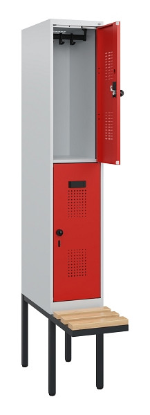 C+P Doppelstock-Spind Evolo PLUS, Bank, 2 Fächer, 1950x300x815mm, 7035/3020, Drehriegel, Sitzfläche Buche-Hartholz, 0493405-10 S10005