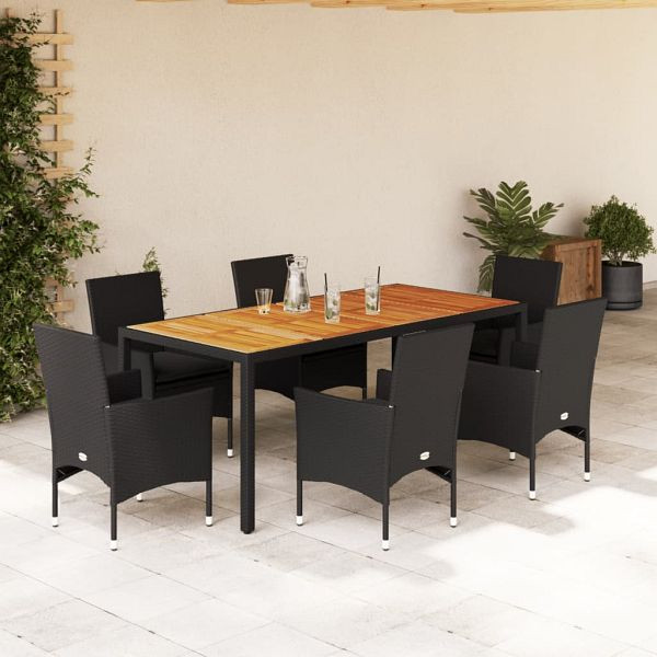 vidaXL 7-teilig Garten-Essgruppe mit Kissen Schwarz Poly Rattan Akazie, 3278673