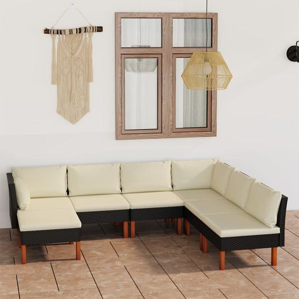 vidaXL 7-teilig Garten-Lounge-Set mit Kissen Poly Rattan Schwarz, 3059740