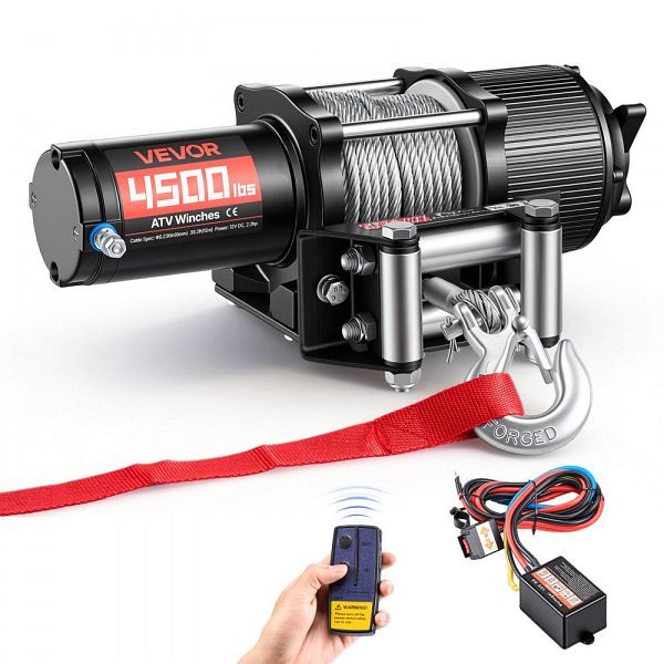 VEVOR Elektrische Seilwinde 2041 kg, 12V DC, Φ5,8 mm x 12 m Stahlseil, Kabellos & Kabelgebunden, IP55, für ATVs/UTVs/Offroad, ZLQDXGSSJP45OJ5B5001V9