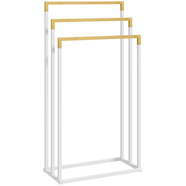 kleankin Handtuchhalter Handtuchalter-Set 3 Handtuchstangen, Industriedesign, Bambus, 45 x 22,5 x 86 cm, Weiß + Natur, 850-270V00WT