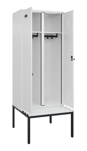 C+P Schwarz-Weiß-Spind Evolo PLUS, Bank, 2 Abteile, 2120x800x815mm, 9016/9016, Drehriegel, Sitzfläche Kunststoff, Sitzbank, 0490527-22 S10074