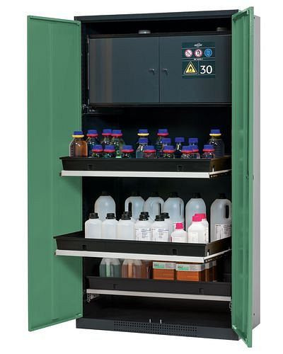 asecos Chemikalienschrank Systema-Plus-T, anthrazit, grün, mit Sicherheitsbox, Tablarauszüge, 218475