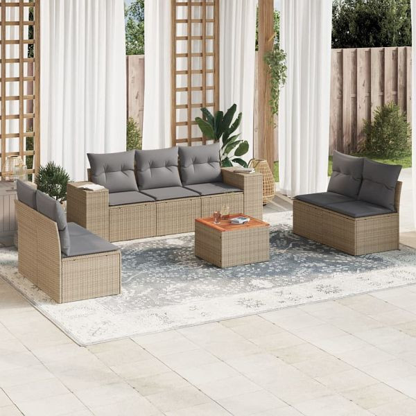 vidaXL 8-teilig Garten-Sofagarnitur mit Kissen Beige Poly Rattan, 3225401