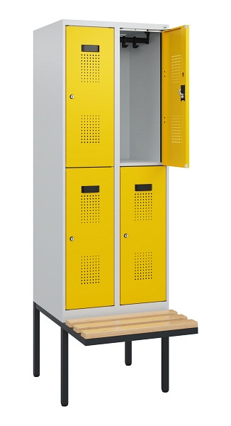 C+P Doppelstock-Spind Evolo PLUS, Bank, 4 Fächer, 1950x600x815mm, 7035/1023, Zylinderschloss, Sitzfläche Buche-Hartholz, 0493405-20 S10020