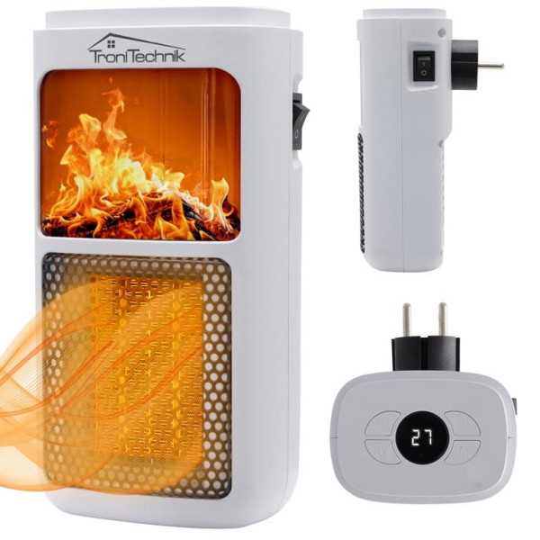 TroniTechnik Steckdosen Heizlüfter Energiesparend Mini, Kaminfeuereffekt LCD Display Keramik Heizung mit Thermostat 400W, 4657