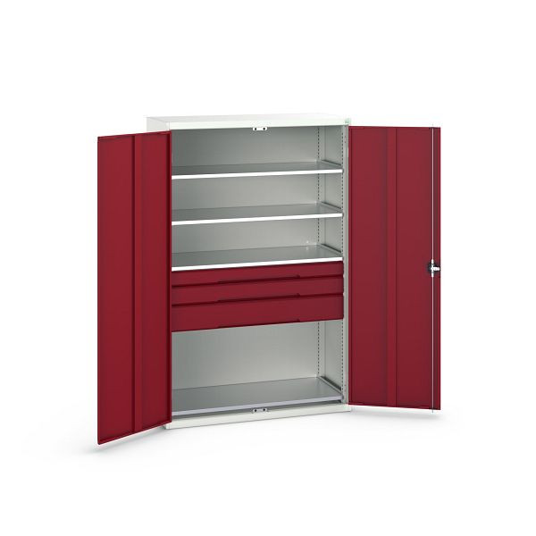 bott verso Flügeltürschrank mit Schubladen, mit 4 Fachböden und 3 Schubladen, BxTxH: 1300 x 550 x 2000 mm, Lichtgrau / Purpurrot, 16926655.24