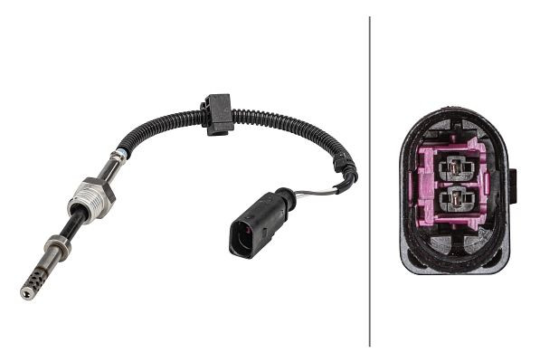 HELLA Sensor, Abgastemperatur, 2-polig, geschraubt, Kabel: 210mm, mit Befestigungsclips am Kabel, 6PT 358 181-311