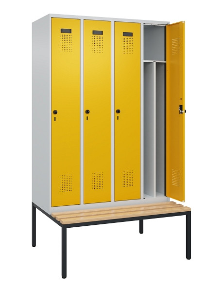 C+P Spind Evolo PLUS, 4 Abteile, 2120x1200x815mm, 7035/1004, Haken 4, Drehriegel, Sitzfläche Buche-Hartholz, Sitzbank, 0490507-40F S10000