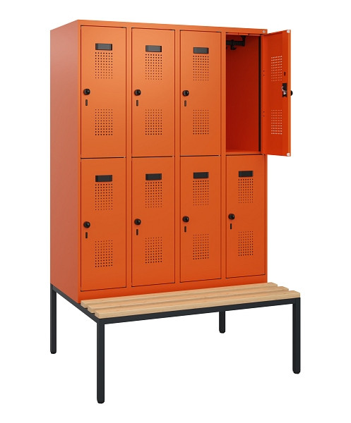 C+P Doppelstöckiger Spind Evolo PLUS, Bank, 8 Fächer, 1950x1200x815mm, 2004/2004, Drehriegel, Sitzfläche Buche-Hartholz, Sitzbank, 0493505-40 S10030