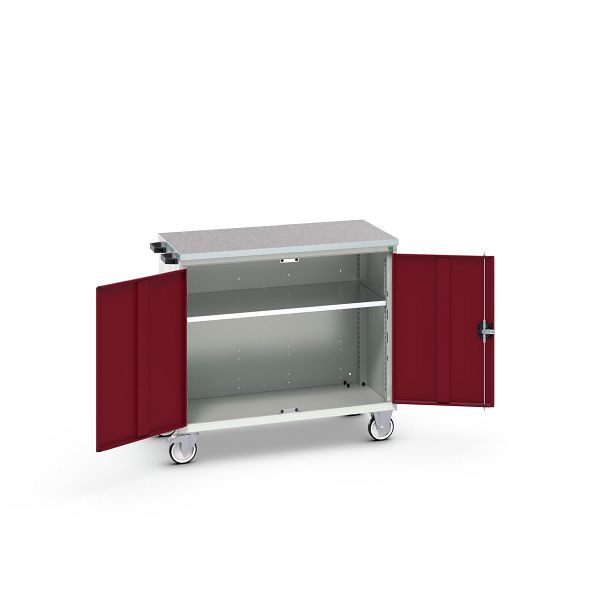 bott verso mobiler Schubladenschrank, mit 2 Türen, Fachboden und Linoleum-Top, BxTxH: 1050 x 600 x 980 mm, Lichtgrau / Purpurrot, 16927062.24