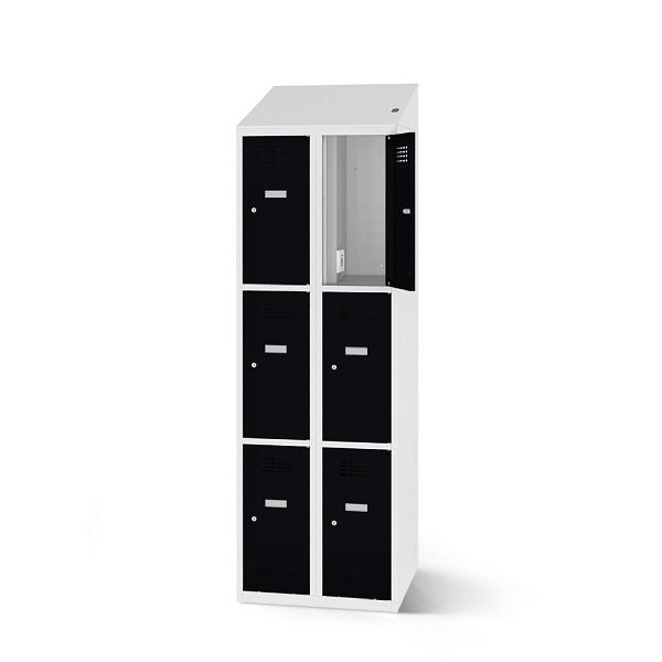 Rotstahl Fächerschrank, 6 Fächer, kurzer Sockel, mit Ladefunktion, Schrägdach, Korpus: lichtgrau, Türen: tiefschwarz, 2180-020300-0801112-7035-9005