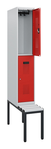 C+P Doppelstöckiger Spind Evolo PLUS, Bank, 2 Fächer, 1950x300x815mm, 7035/3020, Zylinderschloss, Sitzfläche Kunststoff, Sitzbank, 0493505-10 S10140