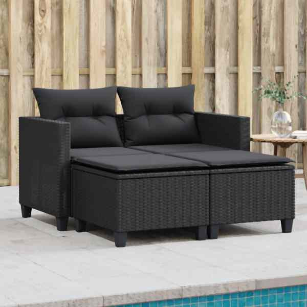 vidaXL Gartensofa 2-Sitzer mit Hockern Schwarz Poly Rattan, UV-beständig, 365791