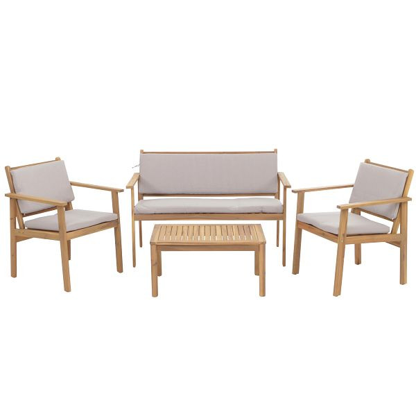 Mendler Garten-Garnitur HWC-O19, Lounge-Set Sitzgruppe Bank Sessel Tisch, Holz Akazie FSC® Stoff/Textil (180g/m²), Kissen grau, 110947+110948