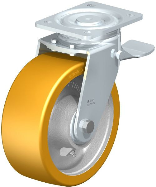 Blickle LH-GTH 202K-ST Stahlblech-Lenkrolle, Schwerlast-Ausführung, mit Anschraubplatte & Feststeller, Blickle Extrathane®, Hellbraun, 671214