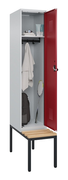 C+P Spind Evolo PLUS, 1 Abteile, 2120x400x815mm, 7035/3003, Haken 4, Drehriegel, Sitzfläche Buche-Hartholz, Sitzbank, 0490507-12 S10004